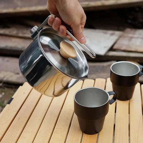 Vista 4 de Topyond Olla de utensilios de cocina portátil de acero inoxidable de 1 L, mango plegable, equipo de picnic para mochileros, cocina bushcraft