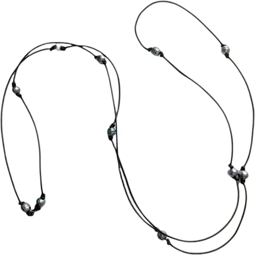 Vista 4 de Collar largo negro de cuero negro perla Lariat estilo costero