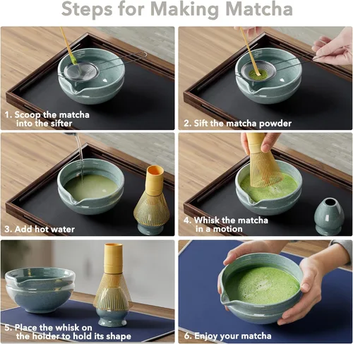 Vista 6 de Juego de batidor de matcha de 7 piezas, kit perfecto de matcha para los amantes del matcha, incluye cuenco de cerámica, batidor de bambú, soporte
