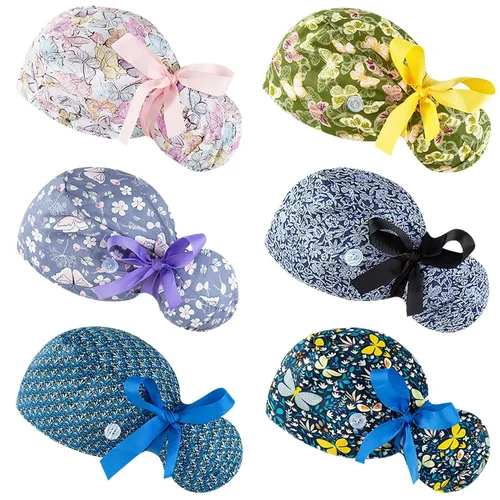 Vista 9 de Gorras quirúrgicas para mujer, gorra de trabajo ajustable, bolsa de cola de caballo, gorra de ducha con lazo en la parte trasera