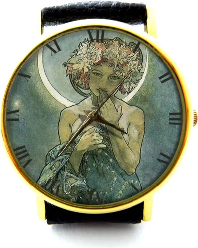 La Luna Reloj de cuero, Moon Goddess Ladies Watch, Mucha Art Watch, Reloj unisex, Joyería de la diosa luna, Joyería de estilo vintage P322