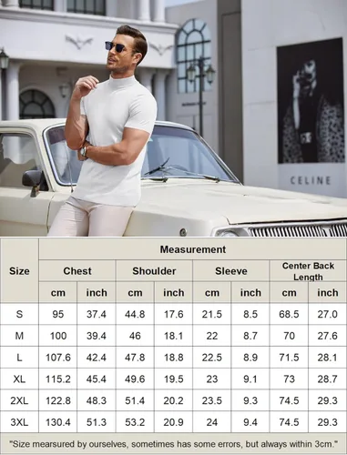 Vista 6 de COOFANDY Suéter de cuello alto falso para hombre, de manga corta, color sólido, básico, ajustado, de punto