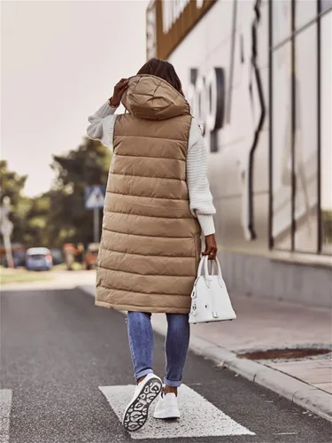 Vista 5 de Chaleco largo para mujer, sin mangas, acolchado, con cremallera, capucha, abrigo de invierno cálido, ligero, con bolsillos