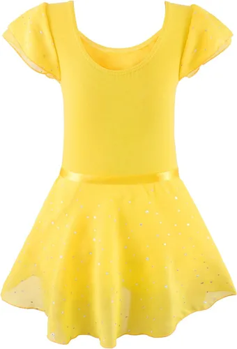 Vista 2 de EQSJIU Leotardos de ballet para niñas con falda extraíble, combo de manga con volantes y lazo