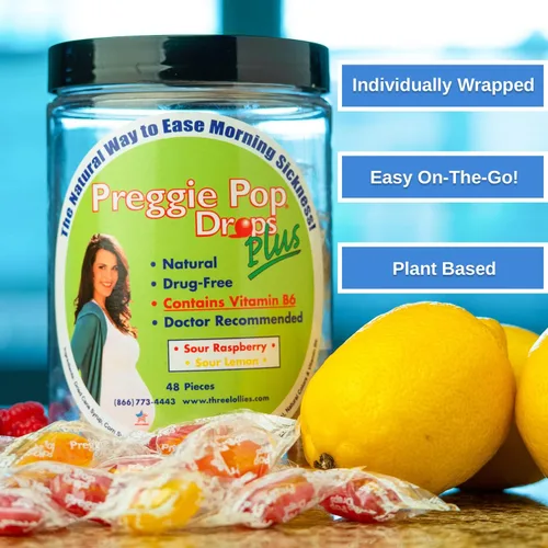 Vista 2 de Preggie Pop Drops Plus Enriquecidas con Vitamina B6 - Alivio de las Náuseas Matutinas Enriquecidas con Vitamina B6. Preggie Pops para el Alivio