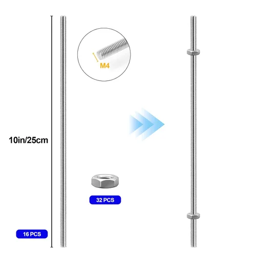 Vista 3 de Varilla roscada de acero inoxidable M4 con tuercas hexagonales: paquete de 48, 10 pulgadas (8/32 pulgadas), perchas y varillas de estaca de jardín