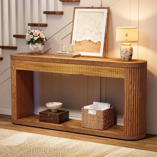 Vista 5 de Tribesigns Mesa consola acanalada de 63 pulgadas para entrada, mesa de sofá de madera estrecha detrás del sofá para entrada, pasillo, vestíbulo