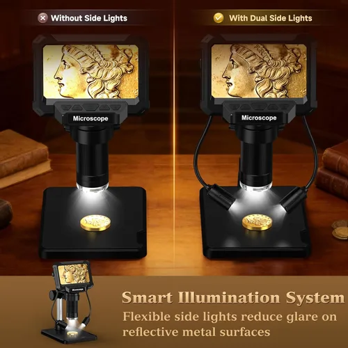 Vista 3 de Microscopio Digital de 2.4 Pulgadas - Hasta 1000X de Magnificación, Pantalla Recargable, Anillo de Luz LED de 8 Luces, Foto y Video, Conexión USB