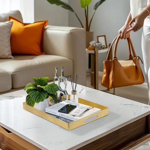 Vista 6 de MAONAME Bandeja Decorativa Dorada con Asas, Bandeja de Servir de Papel Aluminio para Otomana, Bandejas de Café Rectangulares para Sala de Estar