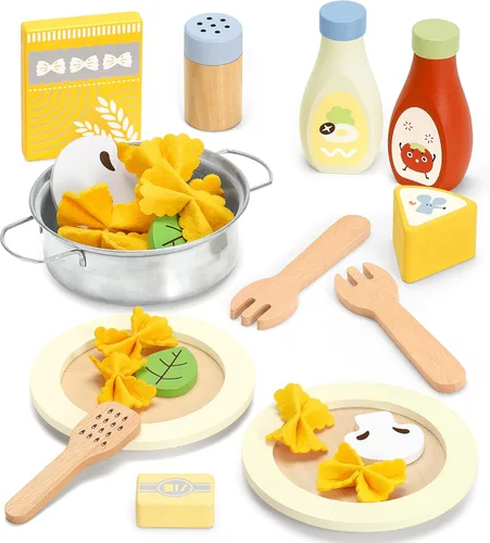 Vista 9 de Pillowhale Comida de Juguete de Madera para Cocina Infantil - 24 Piezas de Accesorios de Cocina de Juego Pretendida Montessori, Juguetes Educativos