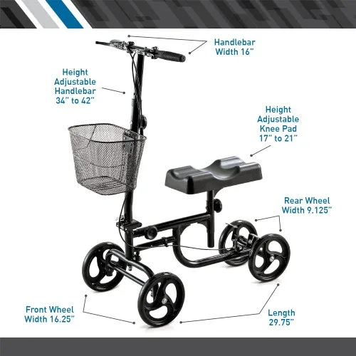 Vista 5 de BodyMed Knee Walker for Leg and Foot Injuries with Dual Brakes, Metal Basket & Knee Pad Cover Collapsible and Adjustable Knee Scooter, Broken Leg
