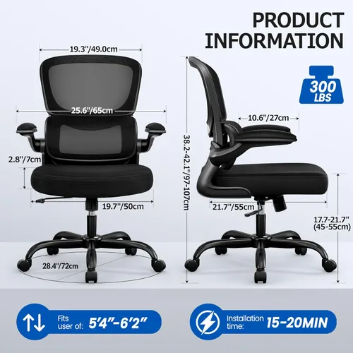 Vista 2 de Silla de oficina ergonómica, silla de escritorio ergonómica de malla transpirable con soporte lumbar, reposabrazos abatibles, sillas de computadora
