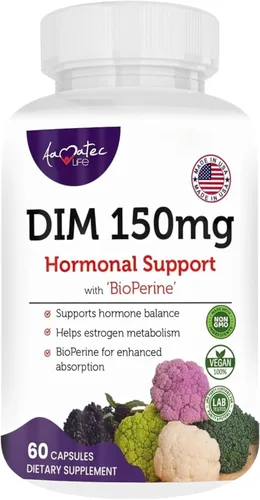 Complejo DIM para mujer de 150 mg – Bioperine Estrogen Balancing Pills para la menopausia y los sofocos, alivio del acné hormonal, potente