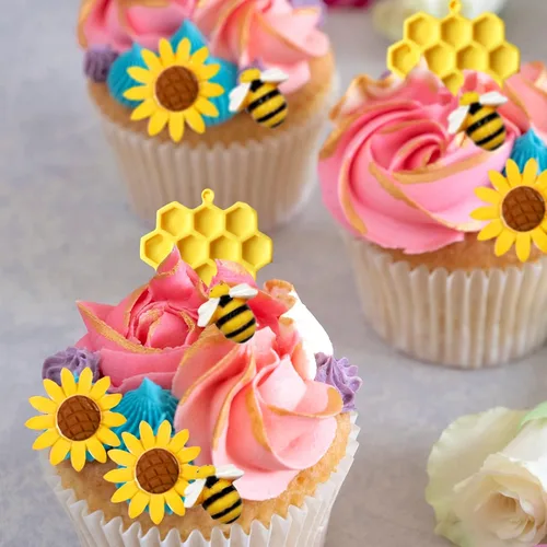 Vista 5 de Ocmoiy Molde de silicona de abeja de abejorro, 4 moldes de fondant de panal de girasol y abeja para decoración de cupcakes, pasteles, azúcar