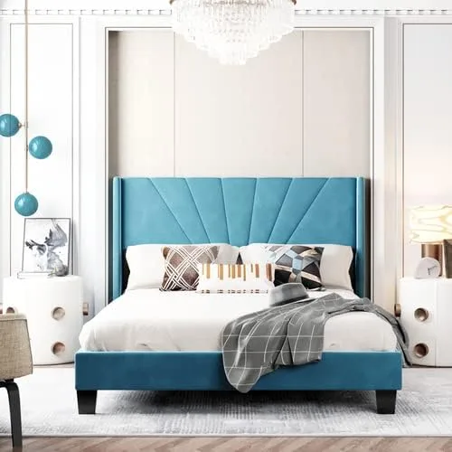 Vista 8 de Marco de cama tapizado de terciopelo Queen con cabecera y soporte de listones de madera, marco de cama tamaño Queen, marco de cama moderno Cama Beige