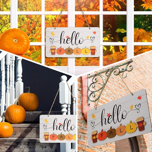 Vista 5 de Blulu Letrero de madera rústica con texto en inglés «Hello Fall» con texto en inglés «Hello Winter Summer Spring» para colgar en la pared, esquina