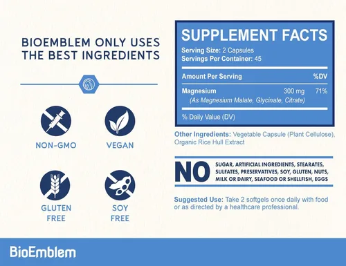 Vista 3 de BioEmblem Complejo triple de magnesio 300 mg de glicinato de magnesio, malato y citrato Fórmula quelada de alta absorción Vegano, sin OMG, sin