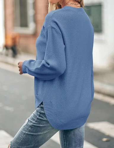 Vista 3 de MEROKEETY Suéter de manga larga de globo con cuello redondo para mujer, suéter de punto gofre, suéter suave para otoño 2023