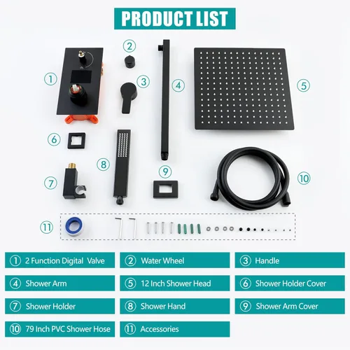 Vista 18 de SKOWLL Shower System with Tub Spout Bathroom Tub and Shower Faucet Combo Wall Mount 12 Inch Black Shower Head and Handle Set, Display Shower Valve