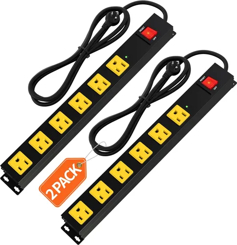Heavy Duty 6 Outlet Metal Long Power Strip, 2700J Surge Protector with 15A Circuit Breaker, 6FT Extension Cord, Wall Mount for Garage, Workshop &