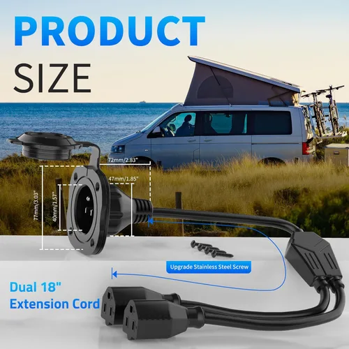 Vista 7 de BEBOBLY Enchufe de puerto de CA de 15 amperios, enchufe de entrada de alimentación de 125 V con cubierta impermeable y cable de extensión dual