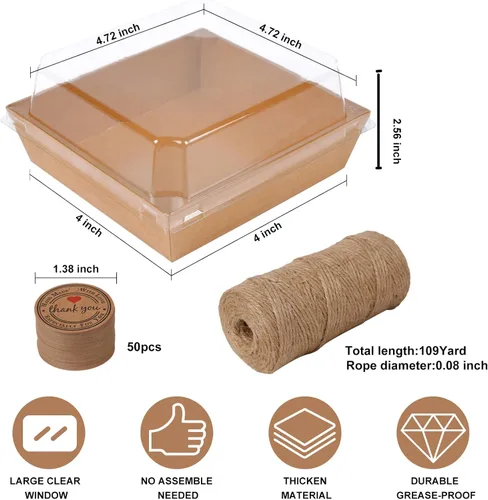 Vista 3 de Kosotody Paquete de 50 Cajas de Charcutería con Tapas Transparentes, 4 Pulgadas Cajas de Papel Kraft Marrón Resistente al Aceite para Panadería