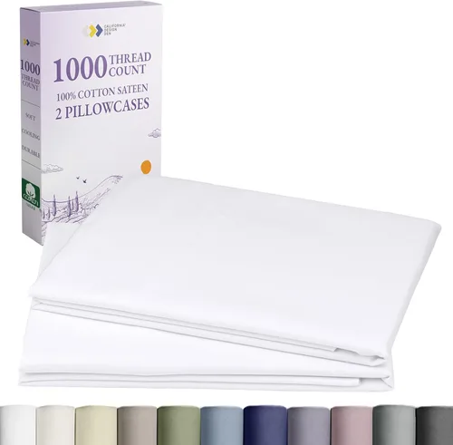 Vista 17 de California Design Den Fundas de Almohada Tamaño Queen Juego de 2 - 1000 Hilos Satén, Suaves y Gruesas 100% Algodón Fundas de Almohada Beige