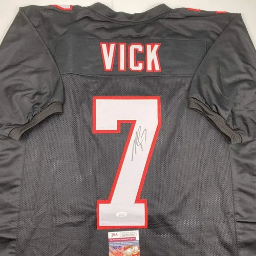 Vista 2 de Camiseta de fútbol americano negra retro de Atlanta de Michael Mike Vick con autógrafo/firmada JSA COA