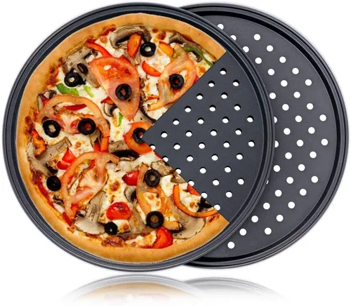 Sartén para pizza con agujeros, paquete de 2 bandejas antiadherentes perforadas de acero al carbono, herramienta crujiente de 12 pulgadas redonda