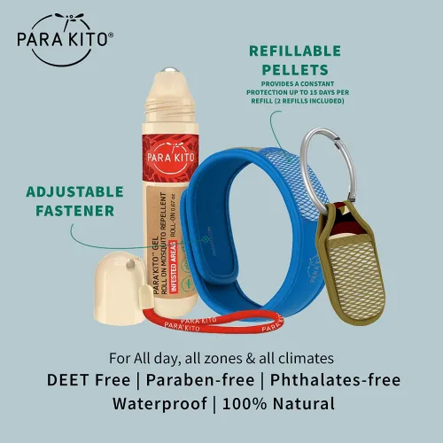Vista 2 de PARA'KITO Paquete repelente de mosquitos – 1 roll-on 1 pulsera 1 clip (roll-on + azul + camuflaje)