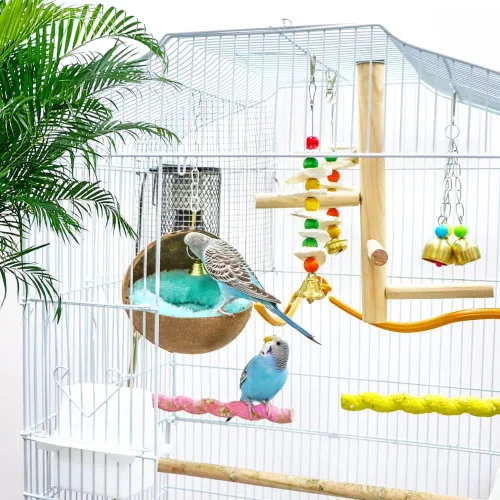 Vista 4 de 2 piezas de cáscara de coco natural para pájaros, nido de crianza, anidación antipicaduras con almohadilla cálida y campana para pájaros, loro