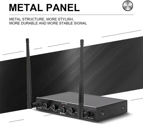 Vista 2 de Debra Audio Pro UHF Sistema de micrófono inalámbrico de 4 canales con micrófonos de mano, lavalier y diadema inalámbricos, receptor de metal, ideal