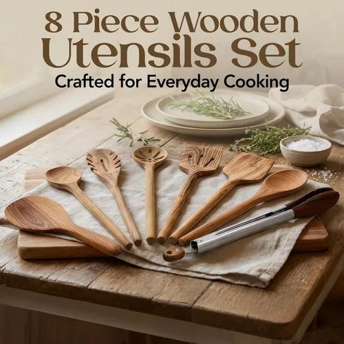Vista 6 de Juego de 8 cucharas de cocina de madera de teca, juego de utensilios de madera con espátula raspador, cuchara para pasta, pinzas de arroz