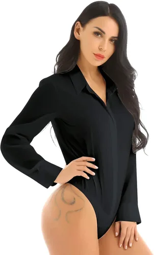 Vista 3 de FEESHOW Body de trabajo de una sola pieza con cuello vuelto y manga larga con botones para mujer