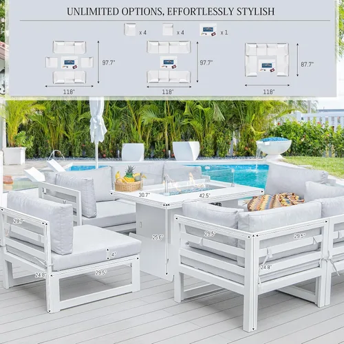 Vista 3 de BULEXYARD Juego de 7 piezas de muebles grandes de aluminio para patio al aire libre con mesa rectangular con fogón, asiento profundo de 29
