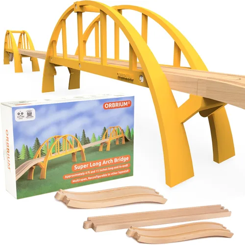 ORBRIUM Accesorios para vías de tren de madera, puente de arco de doble tramo súper largo ~ 5 pies de largo para tren de madera de ferrocarril de