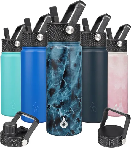 Vista 86 de BJPKPK - Botellas de agua aisladas con tapa de popote, botella de agua de acero inoxidable de 27 onzas con 3 tapas, termo de metal libre de BPA a
