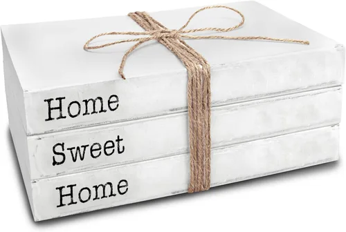 TenXVI Designs Home Sweet Home Sign - Juego de 3 libros rústicos blancos en blanco con páginas reales para decoración de mesa auxiliar, mesa de
