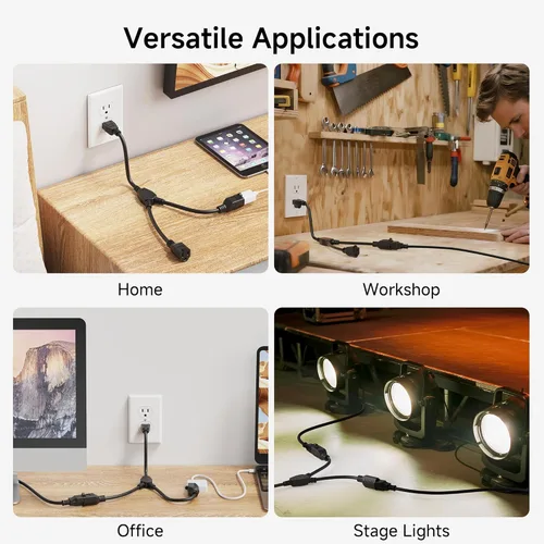 Vista 7 de Cable Matters Paquete de 2 cables divisor de alimentación de 2 salidas - 1.2 pies, divisor de cable de alimentación Y NEMA 5-15P a NEMA 5-15R