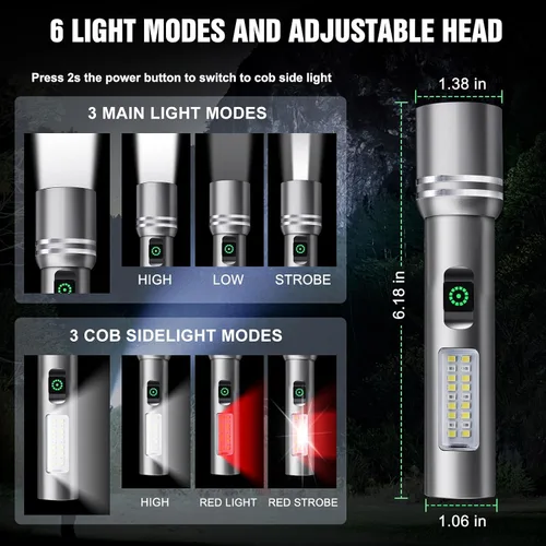 Vista 3 de Linterna recargable de alto lúmenes, 3000 lúmenes, linternas LED superbrillantes con 6 modos de luz, IPX6 impermeable, potente luz flash de mano