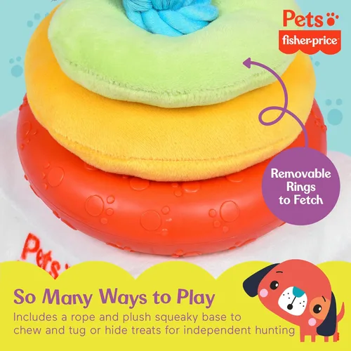 Vista 3 de Fisher-Price Juguete de persecución y lanzamiento para mascotas Attack-A-Stack Juguete de anillo apilable, juguetes multifuncionales, juguetes