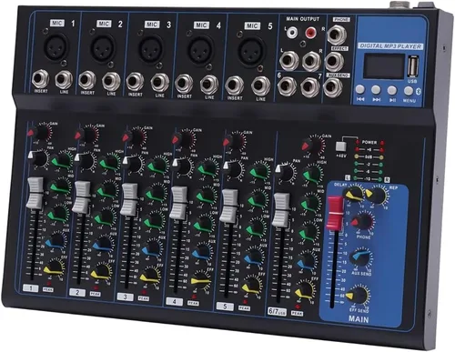 Vista 19 de Mini mezcladores de DJ de 5 canales, mezclador de audio en vivo, tablero de sonido con USB, interfaz de audio con 48 V Phantom Power Sonidos