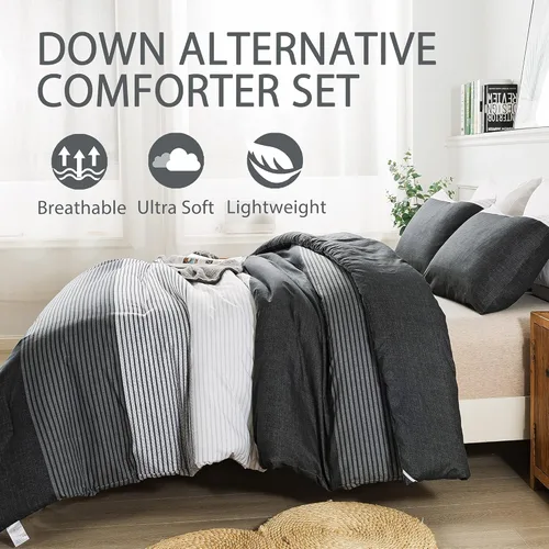 Vista 4 de Andency Juego de edredón tamaño Queen de 3 piezas, color negro, blanco, gris, a rayas (90 x 90 pulgadas), edredón de microfibra suave alternativo