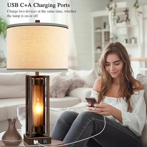 Vista 4 de RORIANO Lámparas de mesa rústicas para sala de estar con puertos USB C+A, lámpara de mesita de noche vintage de granja con luz nocturna de acrílico