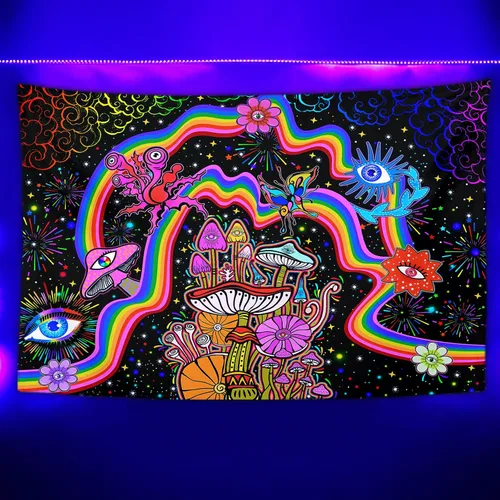 NiYoung Tapiz Trippy para colgar en la pared, luz negra, arco iris, flores coloridas, ojos, estrellas, plantas mágicas, neón reactivo a los rayos