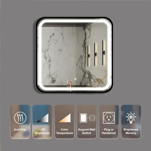 Vista 2 de 32 * 32 inch Bathroom Led Classy Vanity Mirror with High Lumen,Black Metal Frame,Dimmable Touch,Wall Switch Control, Anti-Fog,CRI 95 Adjustable