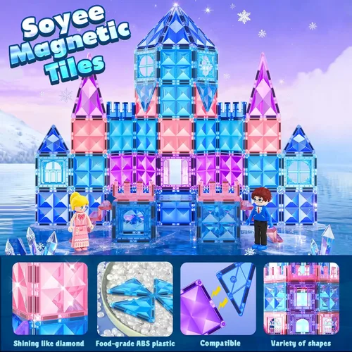 Vista 3 de Azulejos magnéticos, 102 piezas con 2 escaleras, 2 muñecas, castillo de princesa, construcción de juguetes para niñas de 4 a 5 años, 6 a 8 años