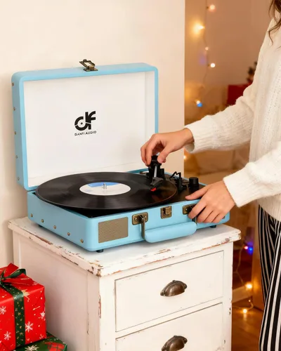 Vista 2 de Maleta para reproductor de discos de vinilo con altavoces integrados, Bluetooth inalámbrico, estilo vintage, tocadiscos de 3 velocidades, soporte