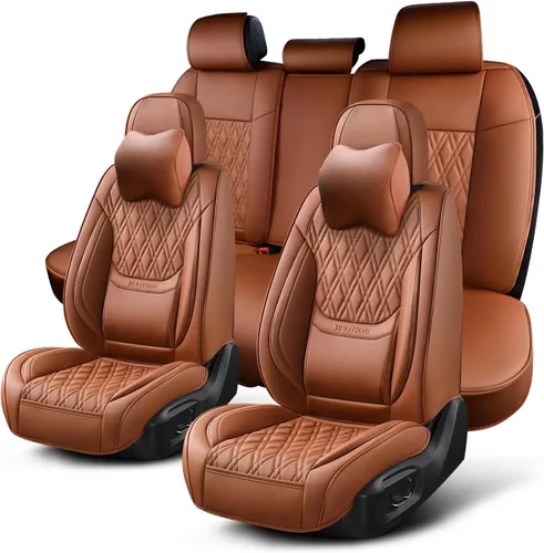 Vista 24 de Fundas de asiento delantero de automóvil, par de fundas de asiento delantero de cuero transpirable con reposacabezas, funda universal de asiento