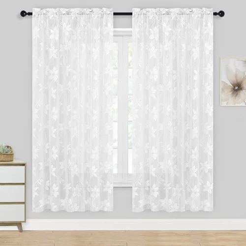 Vista 47 de DWCN Cortinas traslúcidas para cocina, bolsillo para barra de encaje floral beige, 52 x 36 pulgadas, 2 paneles Encaje Beige